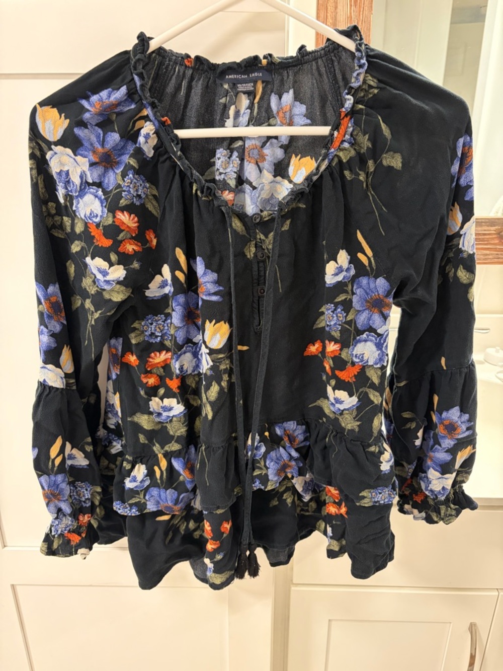 American Eagle Outfitters Black Floral Blouse with Blue and Orange Accents